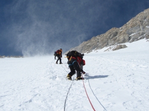 Descending back to Camp 4 in windy conditions