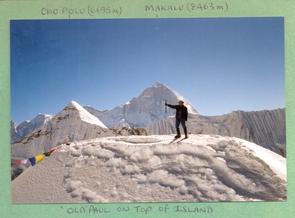 Old Paul on Island Peak summit with Makalu behind