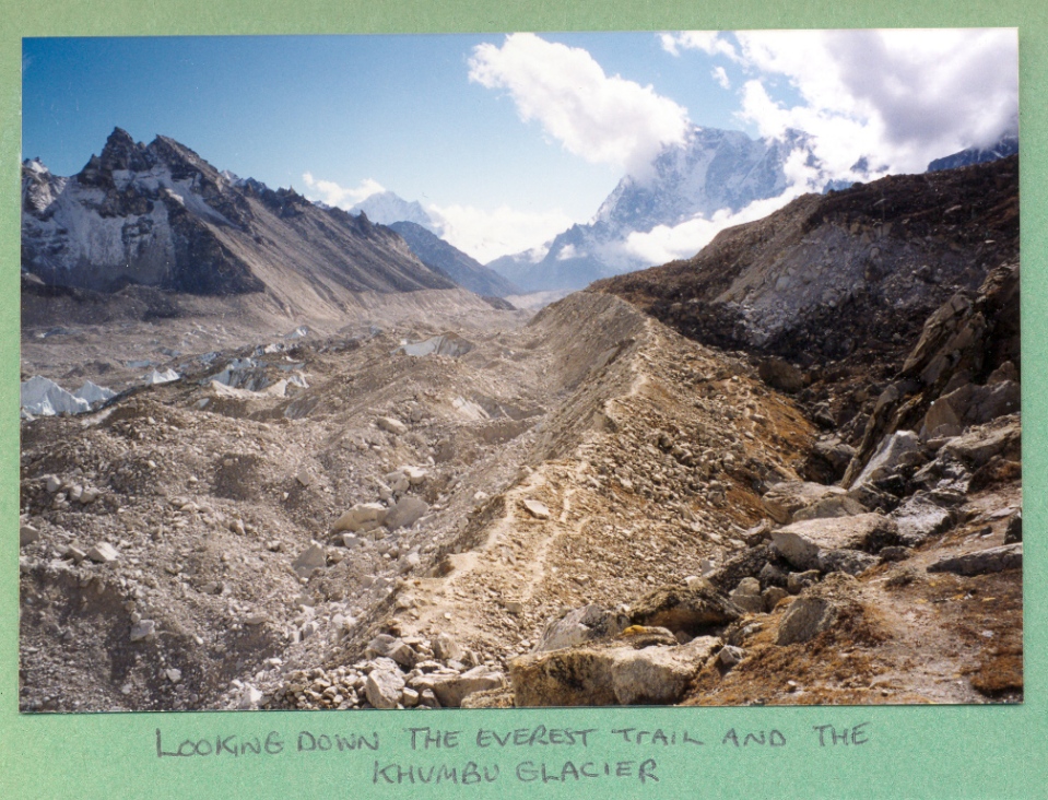 The Everest trail and the rubble-covered Khumbu glacier