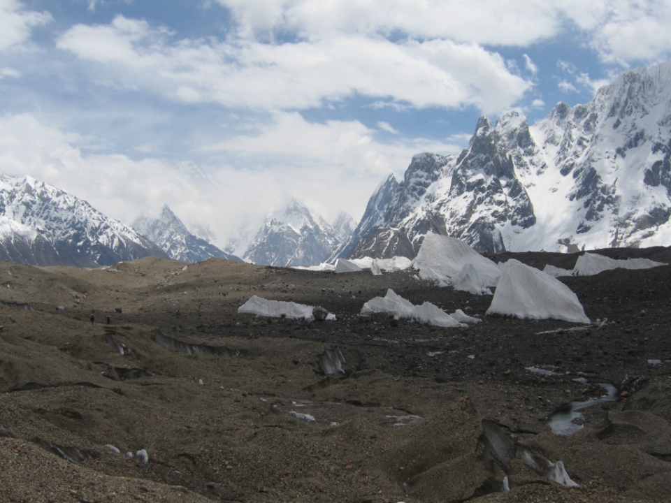 The rubble strewn Baltoro Glacier on the way to Gore 2 Camp