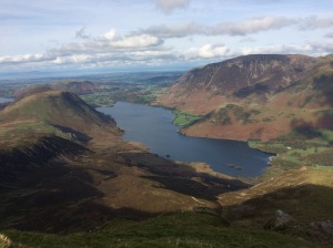 Looking down on Crummock Water with Mellbreak on the left and Grasmoor on the right on the climb up to Red Pike