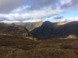 The serrated Aonach Eagach ridge on the other side of the valley