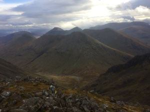 The view from Stob Coire Sgreamhach towards Buachaille Etive Beag and behind that Buachaille Etive Mor.