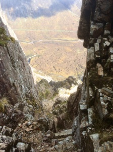 Looking down the narrow gully from the top with the A82 road in the distance