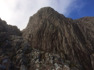 Rannoch Wall with two climbers doing Agags Groove