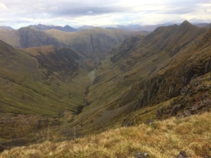 The Lost Valley (Coire Gabhail) with the ridges of Gearr Aonach on its left and Beinn Fhada on the right